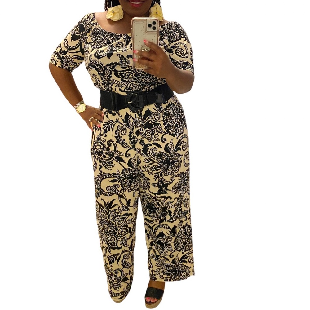 Brand New! Tacera Cream/Black Floral Stretchy Jumpsuit  with Elastic Waist Sz PL